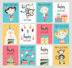Happy Birthday card set. Vector illustration.