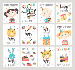 Happy Birthday card set. Vector illustration.
