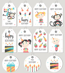 Set of Happy Birthday gift tags and cards. Vector illustration