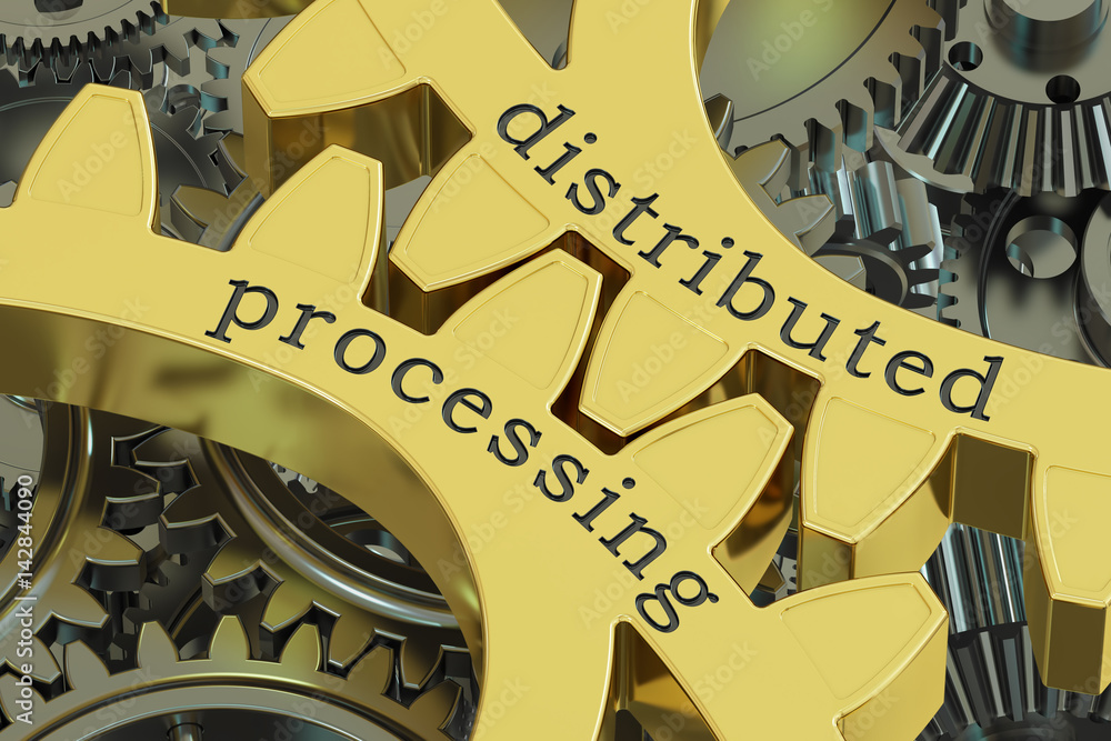 Poster distributed processing on the gearwheels, 3d rendering