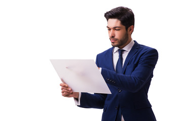 Businessman working on tablet isolated on the white background