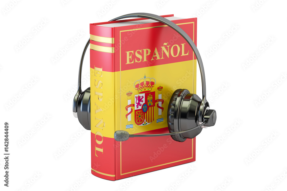 Aufkleber spanish language textbook with headset, learning and translate concept. 3d rendering