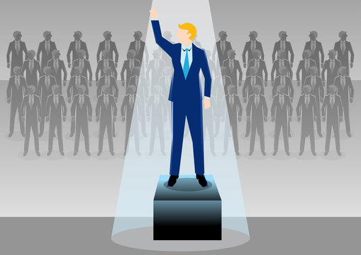 Simple business concept illustration of a businessman standing at podium as a symbolism of success or promotion