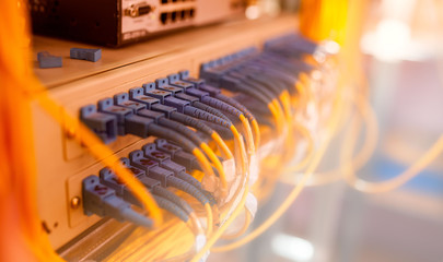 Fiber Optic cables connected to an optic ports and UTP Network cables connected to ethernet ports.