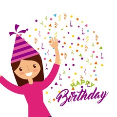happy birthday card with girl wearing a party hat over white background. colorful design. vector illustration