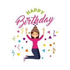 happy birthday card with girl wearing a party hat over white background. colorful design. vector illustration