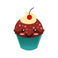 kawaii cupcake icon over white background. colorful design. vector illustration