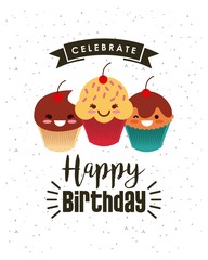 happy birthday card with cupcakes icon over white background. colorful design. vector illustration