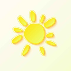 Hot Summer Sun with yellow rays on white sky.