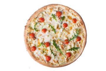 Pizza white sauce chicken, alfredo, arugula cherry tomatoes, top view isolated on a white background