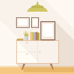 Illustration of a modern living room with Cabinet and paintings Interior with classic furniture. Flat design, minimalist style. Vector Illustrator.