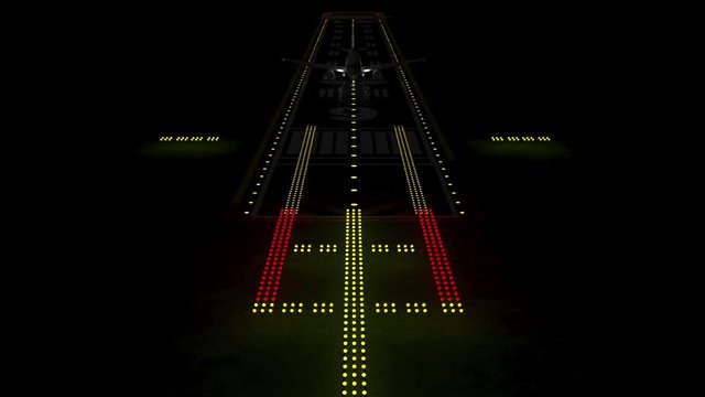 Animation of Airplane takes off from Airport Runway at Night with Colorful Illuminated Lamps