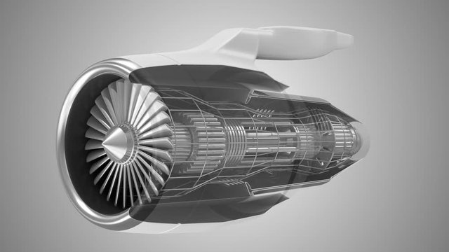 Animation of Modern Airplane Jet Engine Turbine with Transparent Effect