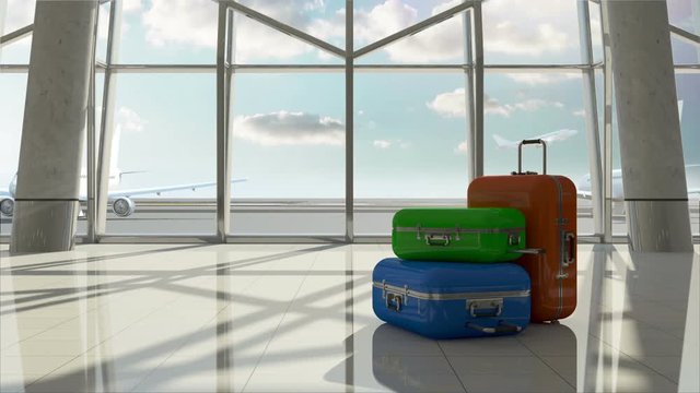 Traveler Suitcases in Airport Terminal Waiting Area