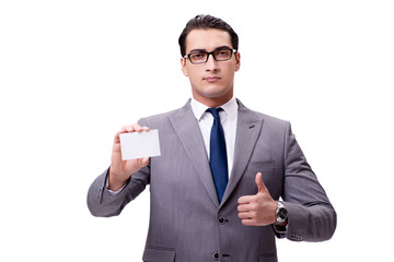 Businessman with blank card isolated on white background