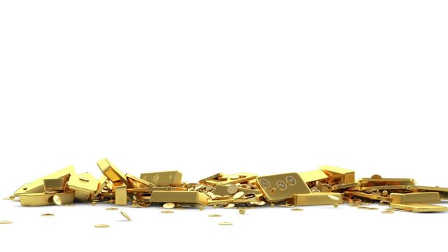 Animation of Falling Treasure. Golden Bars, Coins and Golden Pieces with Alpha Matte