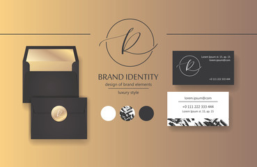 Sophisticated brand identity. Letter R line logo. Business card template included.