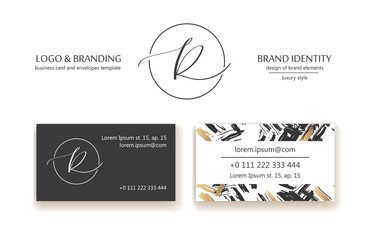 Sophisticated brand identity. Letter R line logo. Business card template included.