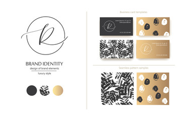 Sophisticated brand identity. Letter R line logo. Business card template included.