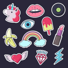 Fashion patch badges. Set of stickers, pins, patches in cartoon comic style of 80s-90s. Vector illustration isolated on background.