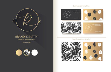 Sophisticated brand identity. Letter R line logo. Business card template included.