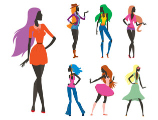 Fototapeta na wymiar Fashion look girl silhouette beautiful girl woman female and pretty, young, model, style, hair, lady character glamour cute vector illustration.