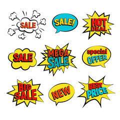 Sale cartoon vector set. Big, Mega sale, Best price and Hot deal comic style, flat. New, Special offer on spech bubble. Explosion bubbles isolated discount promotion