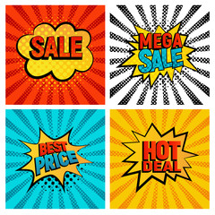 Sales icons vector set. Big, Mega sale, Best price and Hot deal comic style, card on background with rays. New, Special offer on spech bubble. Explosion bubbles, discount promotion pop art style