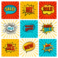 Retro sales icon vector card collection. Cartoon icon on colorfull rays background. Bubbles vector illustration. Tag icons with halftone dot, comic style