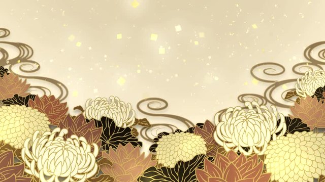 揺れる菊と蓮の和風イメージ - 亜麻色/A