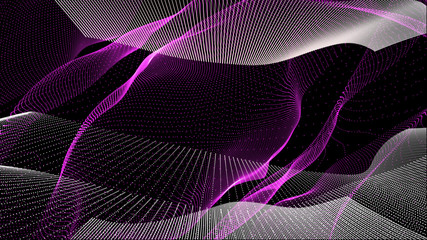 Flowing particle waves. Abstract dots waves on black background