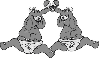 2 freunde brüder geschwister team rassel windel baby schnuller süß niedlich riesen kind elefant sitzend lustig comic cartoon spaß lachen