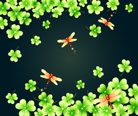 Flower Background_Four-leaf clover and dragonfly