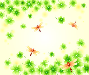 Flower Background_Four-leaf clover and dragonfly