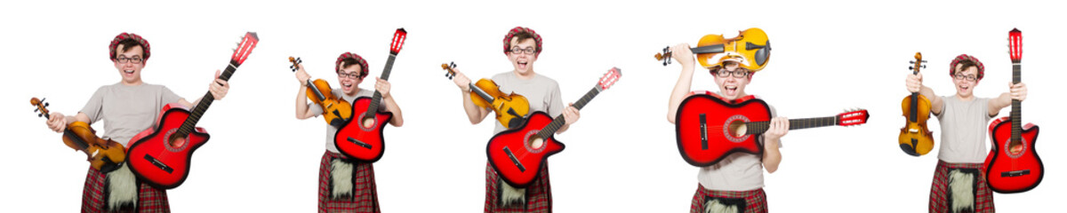 Fototapeta na wymiar Funny scotsman with musical instrument isolated on white