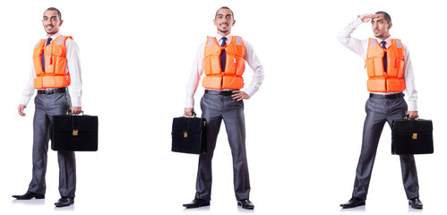 Obraz premium Man in life jacket isolated on white