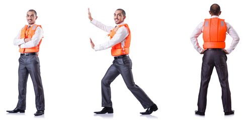 Obraz premium Man in life jacket isolated on white