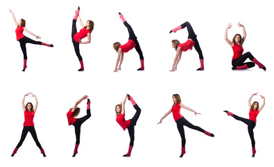 Young gymnast exercising on white