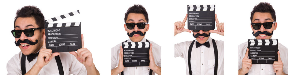 Whiskered young man with clapperboard isolated on white