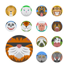 Obraz premium Cute animals emotions icons isolated fun set face happy character emoji comic adorable pet and expression smile collection wild avatar vector illustration.