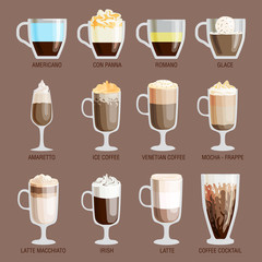 Set of different transparent cups of coffee types mug with foam beverage and breakfast morning sign tasty aromatic glass assortment vector illustration.