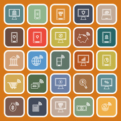 Online banking line flat icons on orange background