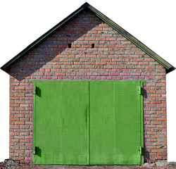 The texture of a painted metal gate from a brick garage