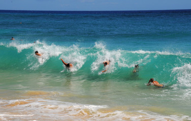 Bodysurfers Sandy Beach Oahu Hawaii USA Surfing Pacific Ocean