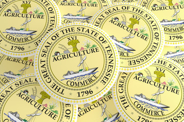 US State Buttons: Pile of Tennessee Seal Badges, 3d illustration