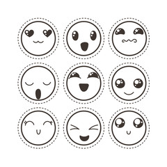 Set of cute lovely kawaii emoticon. Sticker collection.