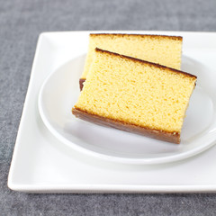 Sponge cake , a cake based on wheat flour , sugar, butter and eggs