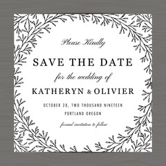 Modern black and white colors wedding invitation save the date card template decorate with hand drawn floral leaves wreath. Vector illustration.
