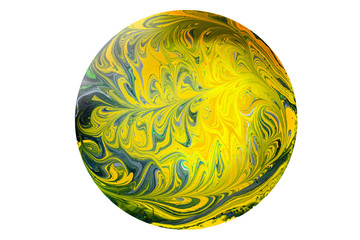 A marbled yellow, green and blue sphere made from swirled paint pattern