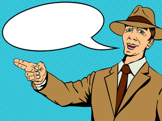 Man in a hat says welcome speech. Retro style